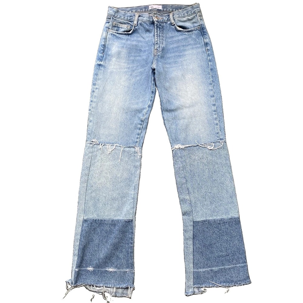 Zara Patchwork Straight Leg Distressed Jeans Size 4 Inseam 32" Blue 100% Cotton